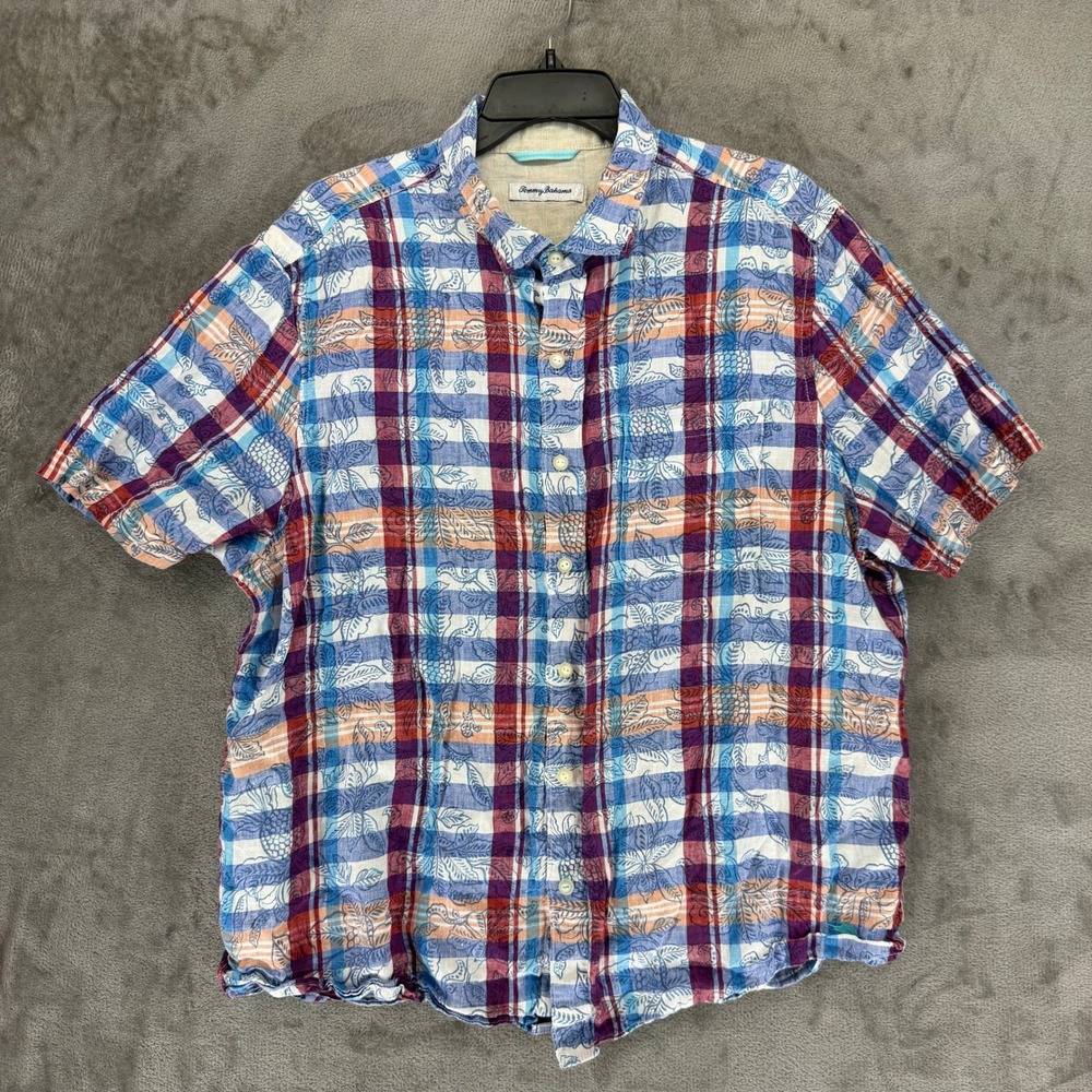 Tommy Bahama Mens XL Linen Plaid Tropical Floral Button Down Shirt Short Sleeve‎